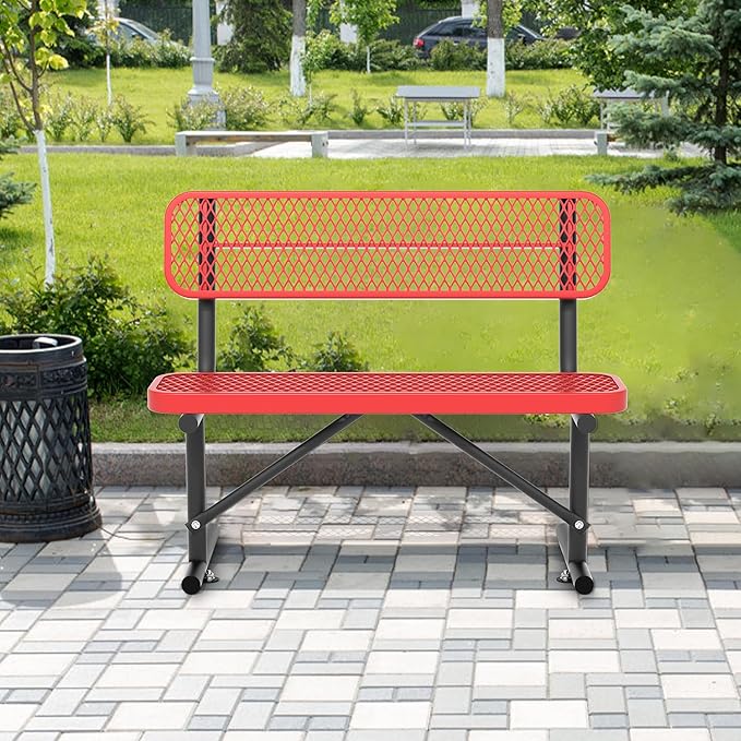 4/6/8 Feet Park Bench for Outside Heavy Duty Metal, Garden Benches Outdoor Bench with Backrest & Portable Frame, for Shopping Malls Stores Parks Patios Decks, Red-VerdiqueGarden