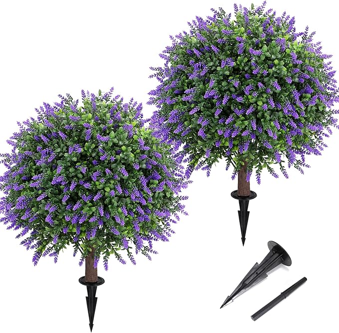 Artificial Lavender Topiary Ball Tree 25" with Ground Spike, Set of 2 Artificial Boxwood Bushes for Faux Shrubs, Fake Evergreen Faux Plant for Indoor Outdoor Porch Garden -UV Resistant–Fade-Proof-VerdiqueGarden