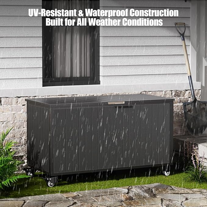 Outdoor Storage Box with Wheels 135 Gallon, Mobile Waterproof Aluminum Deck Box, UV Resistant Patio Storage Box with Lid for Patio Furniture, Garden Tools (Black)-VerdiqueGarden