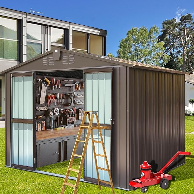 Domi Outdoor Storage Shed 10' x 8’, Metal Garden Shed with Galvanized Steel Frame for Bike, Tools, Lawn Mowers, Pool Toys, Outdoor Storage Cabinet with Lockable Door for Garden Lawn Patio (Dark Brown)-VerdiqueGarden