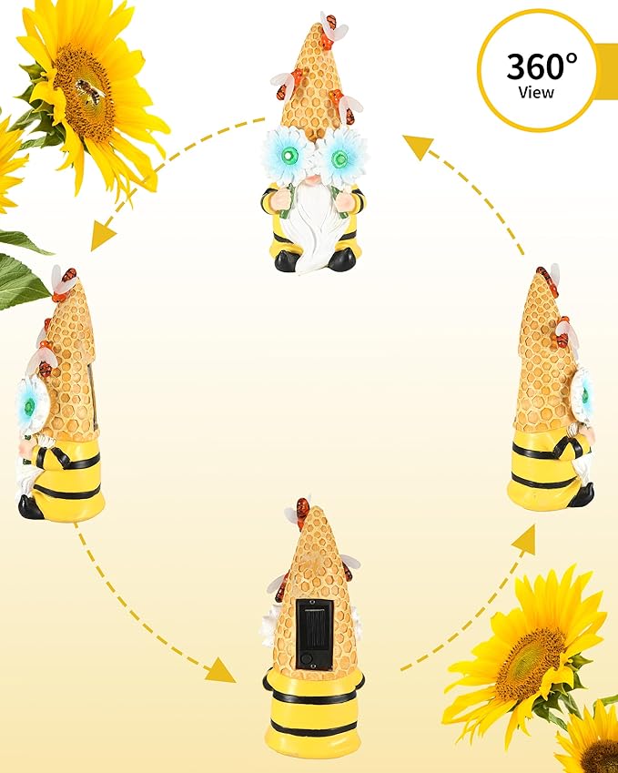 iStatue Garden Gnomes Outdoor Clearance with Solar Bee Lights - 9.5'' Resin Figurine Honeycomb Sunflower Spring Summer Decoration for Home Garden Decor Lawn Ornaments (Mr Bee Gnome)-VerdiqueGarden