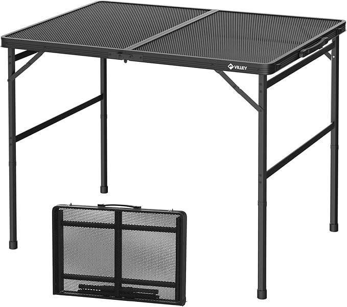 VILLEY Grill Table, 3ft Folding Camping Table with Aluminum Adjustable Legs, Portable Lightweight Camp Table for Beach Picnics and Outdoor Cooking-VerdiqueGarden