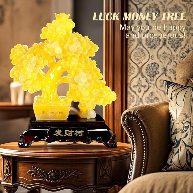 FENGSHUI-CAISHEN Top Resin Money Tree, Artificial Bonsai Tree, Handcrafted, Premium Quality, Feng Shui Gift for Abundance Luck and Success (Yellow)-VerdiqueGarden