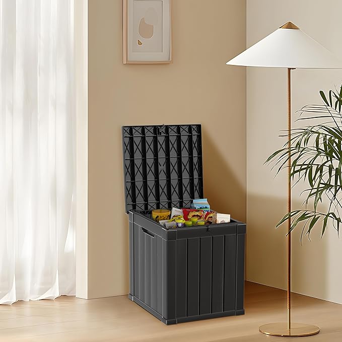 48 Gallon Outdoor Storage Box, Waterproof Resin Deck Box for Patio, Pool, and Garden, Lockable Bin for Cushions, Tools, and Accessories, UV-Resistant, Black-VerdiqueGarden