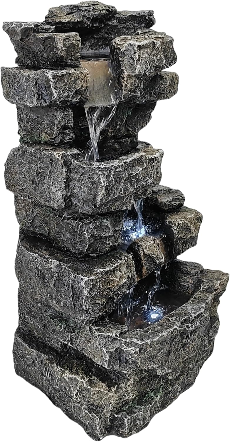 Tabletop Rock Waterfall Fountain with Led Lights - Indoor Decorative Desk Water Fountain, Multi-Tier Design, Quiet and Soothing, 6.29" l x 4.33" w x 11.02" h-VerdiqueGarden