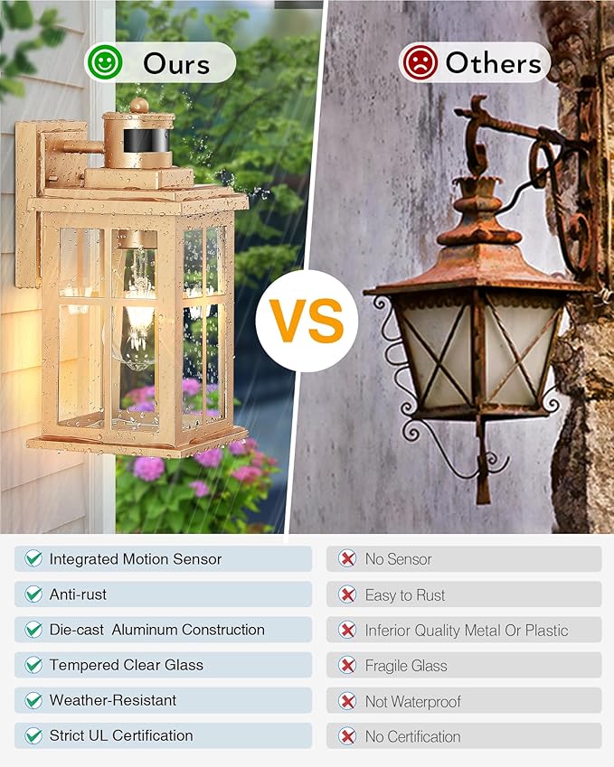 Motion Sensor Outside Lights for House, Modern Dusk to Dawn Outdoor Lighting, 2 Pack Gold Anti-Rust Outdoor Wall Lights with Transparent Glass, Waterproof Outdoor Porch Lights for House, Patio-VerdiqueGarden