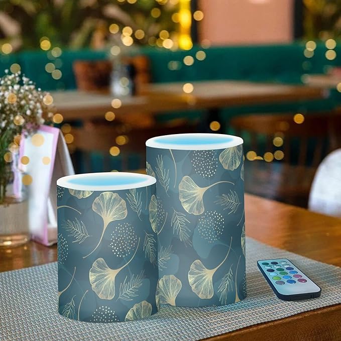 Flickering Flameless Candles, Golden Ginkgo Leaf LED Candles with Remote Timer, Set of 2 Battery Operated Candle for Valentine Wedding Birthday-VerdiqueGarden