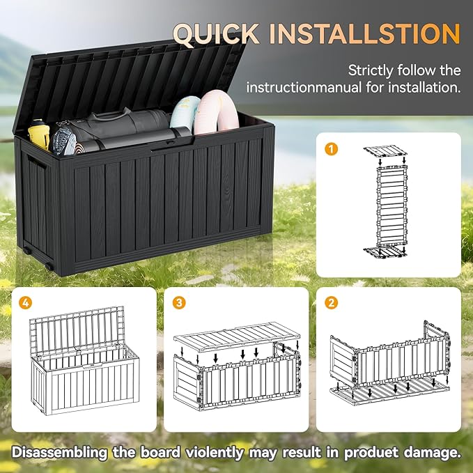 KAMABOKO Deck Box, 75 Gallon Resin Indoor and Outdoor Storage Boxes Waterproof for Garden Tools, Pool Accessories Storage Bench, Patio Furniture and Cushions with Lockable Lid, Black-VerdiqueGarden