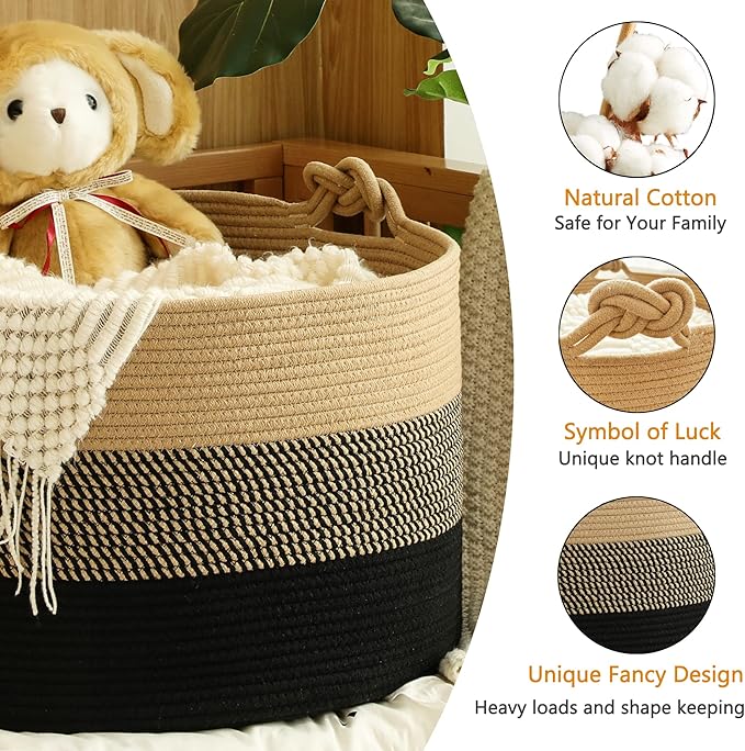 KAKAMAY Large Blanket Basket (20"x13"),Woven Rope Baskets for storage Baby Laundry Hamper, Cotton Rope Blanket Basket for Living Room, Laundry, Nursery, Pillows,Baby Toy chest (Jute/Black)-VerdiqueGarden