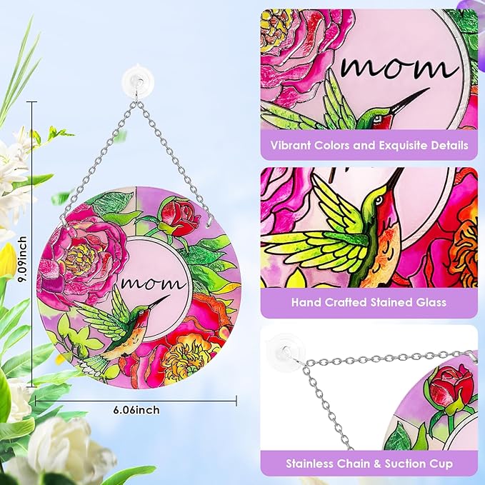 Hummingbird Gifts for Mom, Stained Glass Bird Window Hangings, Sun Catcher Ornament Hanging for Windows, Hummingbird Suncatcher for Women, Mother's Day Birthday Christmas (Suction Cup, 6in)-VerdiqueGarden
