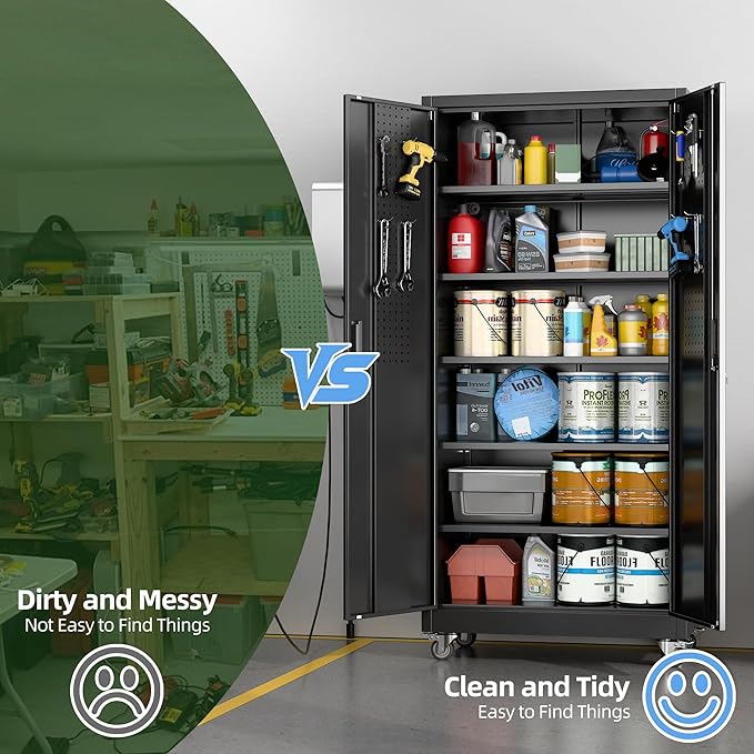 Garage Storage Cabinet with Wheels & Pegboard, 71" H×34" W×18" D Locking Metal Storage Cabinet with 2 Doors and 5 Adjustable Shelves for Garage Workshop Home, Black, Assembly Required-VerdiqueGarden