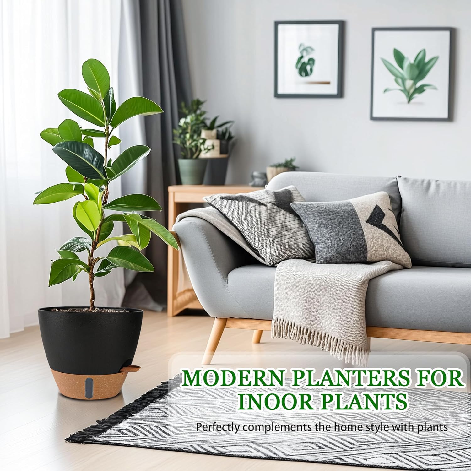 2 Pack 10 inch Plant Pots, Plastic Self Watering Planters with Drainage Holes, Deep Reservoir, Water Level Indicator, Modern Decorative Flower Pots for Indoor Outdoor Plants (Black, 10 inch)-VerdiqueGarden