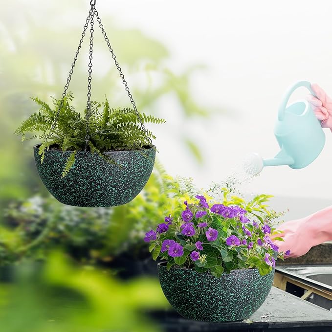 10inch Hanging Planters for Outdoor Indoor Plants with Drainage Holes and Chain, 2 Pack Round Hanging Flower Pots for Garden Home Porch Decor, Black with Green Speckles-VerdiqueGarden