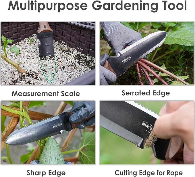 Hori Hori Garden Knife, Garden Tools with Sheath for Weeding,Planting,Digging, 7" Stainless Steel Blade with Cutting Edge, Full-Tang Wood Handle with Hanging Hole-VerdiqueGarden