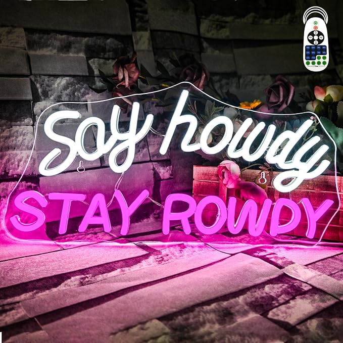 Say Howdy Stay Rowdy Neon Sign Wall Decor, Dimmable Neon Light For Man Cave Pub Beer Bar Bedroom Recreation Room Gift-VerdiqueGarden