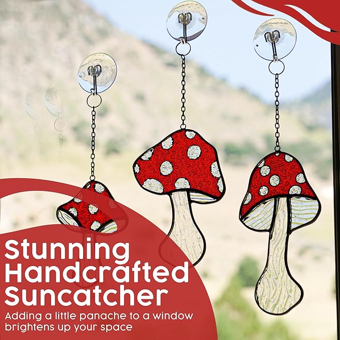 SENSORY4U Fly Agaric Hand-Painted Mushroom Stained Glass Suncatcher 3-Pack - Moon and Toadstool Window Hanging Ornaments - Nature-Inspired Home Décor for Plant and Mushroom Lovers-VerdiqueGarden