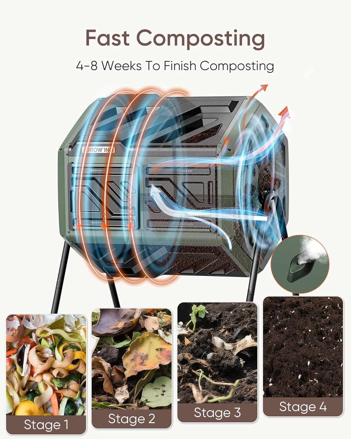 THEGROW'ING Updated 43 Gallon Compost Bin Outdoor, Fast Assemble Tumbling Composter, Dual Chamber Composter Tumbler, Rotating Compost Bin for Outside, Backyard, Garden and Yard, Green-VerdiqueGarden