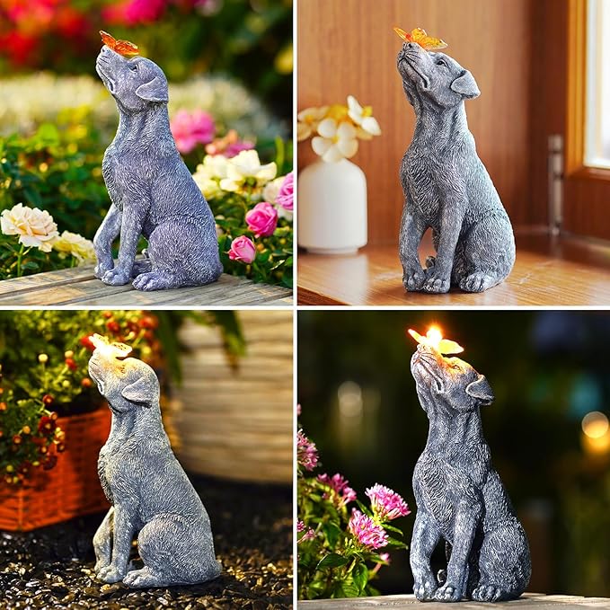 Solar Garden Statue Dog Figurine – Outdoor Decoration with Butterfly for Garden Yard Lawn Home Decor Outside : Unique Gifts for Mom Grandma-VerdiqueGarden