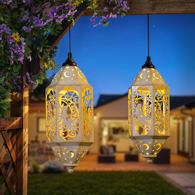Outdoor Solar Lanterns Waterproof Fairy Moon Garden Gifts for Women Mom12.4‘’ Metal Garden Lanterns Hanging Light for Patio Backyard Decorations, Mothers Day Birthday Gifts (Gold White,2Pack)-VerdiqueGarden