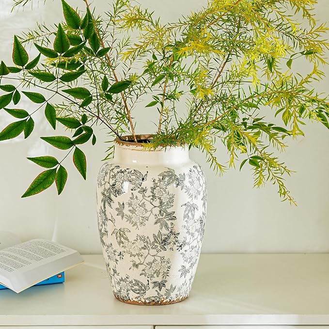 Sungmor Ceramic Flower Vase, Vintage Ice Cracked Glaze Porcelain Vase, Pretty Home Decor Vase for Flower Arrangement, Fresh Flowers, 10.2 Inch Tall Chinoiserie Pottery Vase, Gray Floral Pattern-VerdiqueGarden