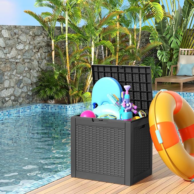 30 Gallon Resin Deck Box, Lockable Patio Outdoor Storage Box for Furniture, Garden Tools and Tools Storage, Waterproof Outside Storage Boxes - Black-VerdiqueGarden