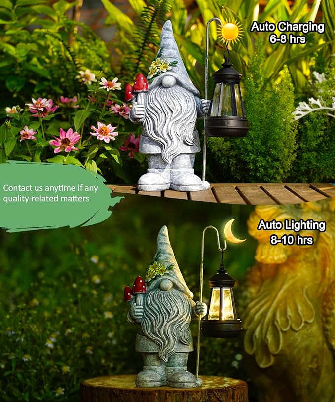 Solar Gnome Statue for Outdoor Decor: Outside Garden Sculpture for Yard Lawn Balcony Patio Porch- Birthday Gifts for Mom Women Grandma-VerdiqueGarden
