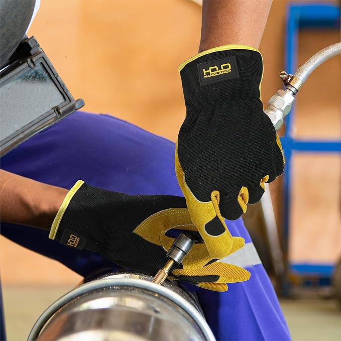 HANDLANDY Leather Work Gloves for Men & Women, Reinforced Durable Garden Gloves, Cowhide Working Glove for Gardening