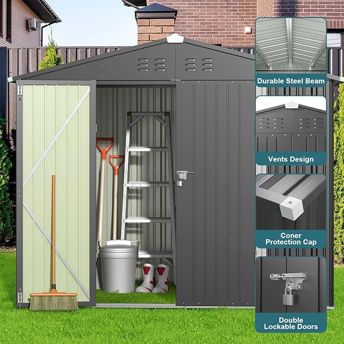 Gizoon Outdoor Storage Shed 8 x 6 FT, Galvanized Metal Garden Shed with Double Lockable Doors, Outdoor Storage Clearance for Backyard Patio Lawn-Dark Grey-VerdiqueGarden