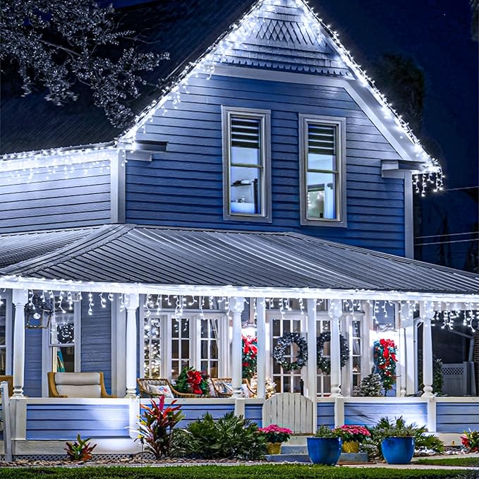 Icicle Christmas Lights, 98FT 1216 LED Icicle Lights for Outside with 228 Drops, 8 Modes Waterproof Twinkle String Lights for House Bedroom Wedding Holiday Decorations, White-VerdiqueGarden