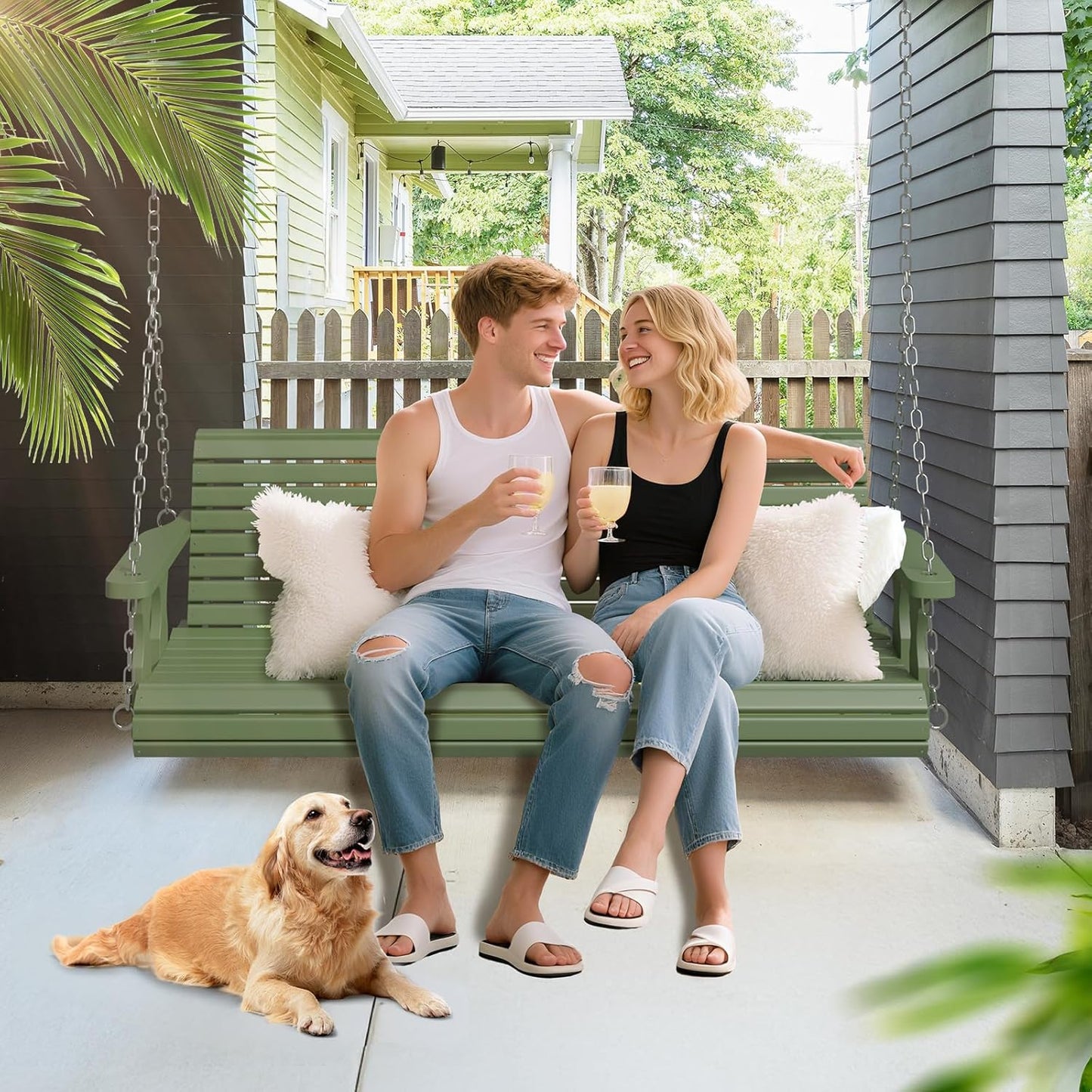 VINGLI Upgraded Patio Wooden Porch Swing for Courtyard & Garden, Heavy Duty 880 LBS Swing Chair Bench with Hanging Chains for Outdoors (Green, 5 FT)-VerdiqueGarden