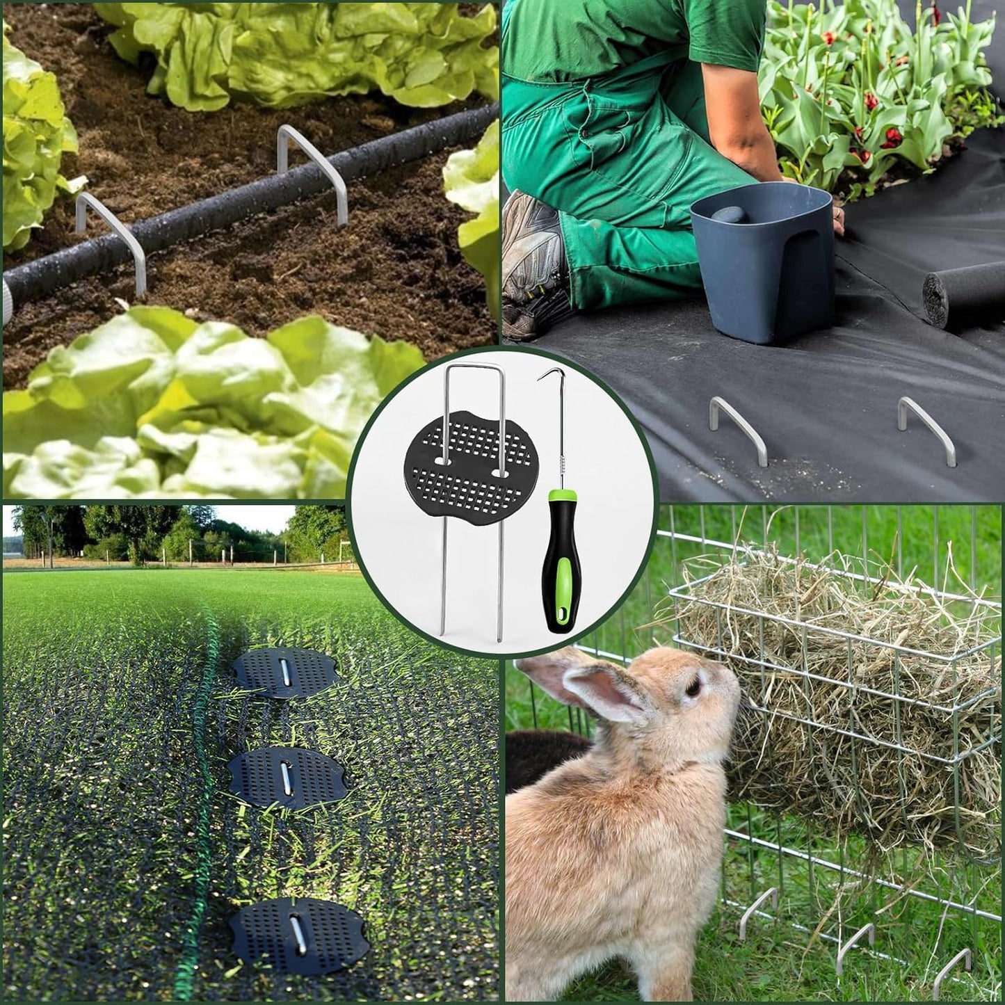 FEED GARDEN 6 Inch 50 Pcs Galvanized Landscape Staples 50 Pcs Gaskets Pick Hook Garden Stakes 11 Gauge Anti-Rust Landscaping Fabric SOD Pins U Shaped Yard Turf Stakes for Weed Barrier Fabric-VerdiqueGarden