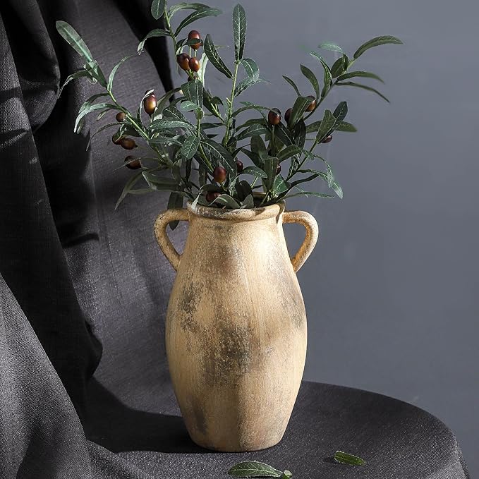 Large Ceramic Vase,11.3 inch Tall Farmhouse Flower Vase with 2 Handles,Terracotta Decorative Flower Vase for Home Decor, Living Room Entryway Table Centerpiece Decor-VerdiqueGarden