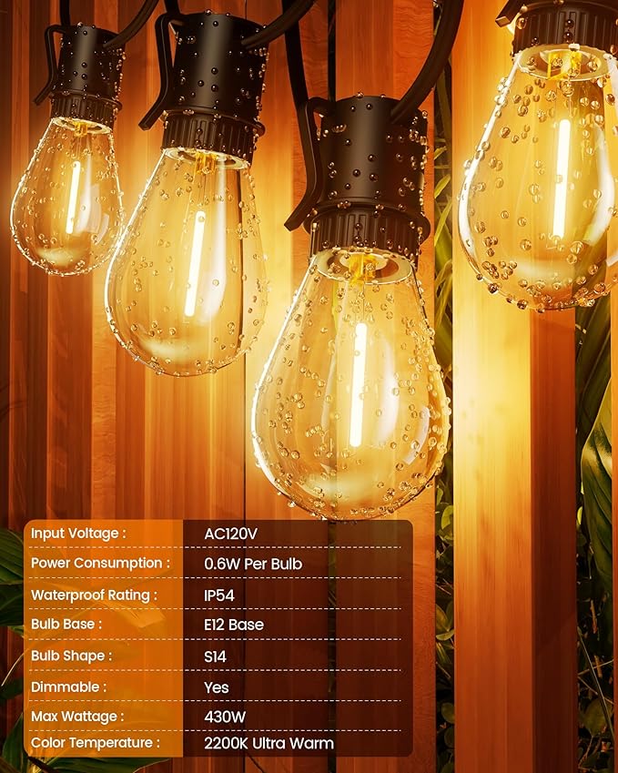 Torkase 100FT Outdoor String Lights LED, 30+2 S14 Shatterproof Bulbs, Dimmable Patio Lights, IP54 Waterproof Connectable for Pergola Lighting, Backyard, Porch,Weddings, Cafe, Party-VerdiqueGarden
