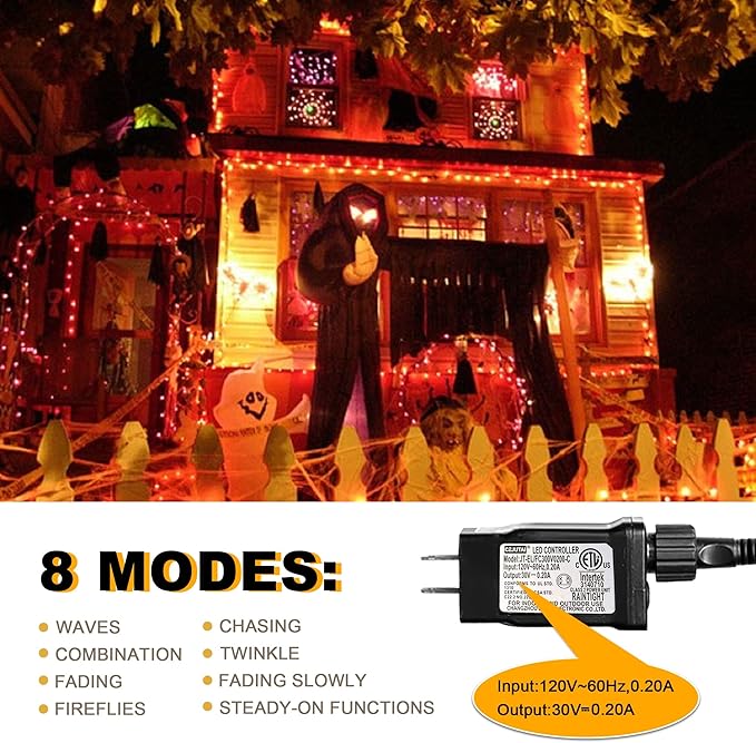 Weillsnow Orange Halloween Lights, 66FT Plug-in Waterproof String Lights, 8 Modes with Memory for Indoor/Outdoor Garden Decorations-VerdiqueGarden