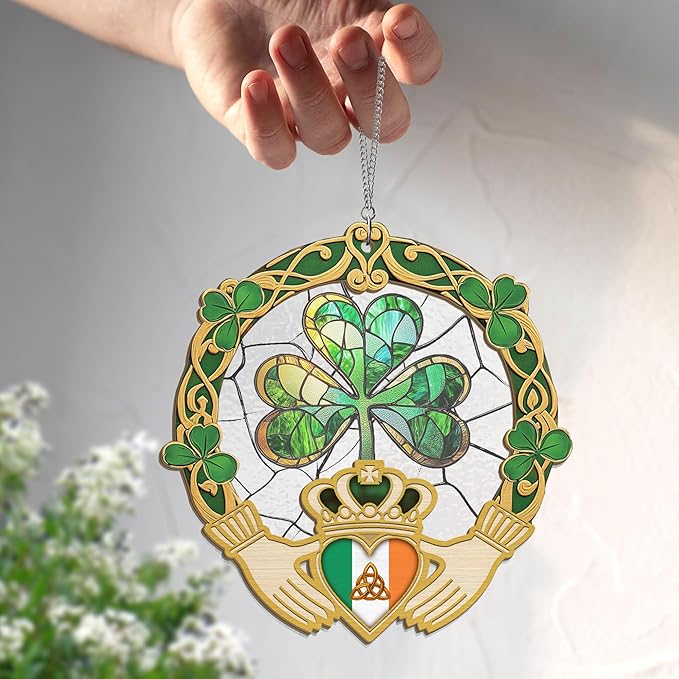 St Patricks Day Decorations - St Patricks Day Accessories, Shamrock Decorations, Irish Gifts for Women Men Friends Family, Shamrock Decorations - Double Layered Hanging Suncatcher 8 in-VerdiqueGarden