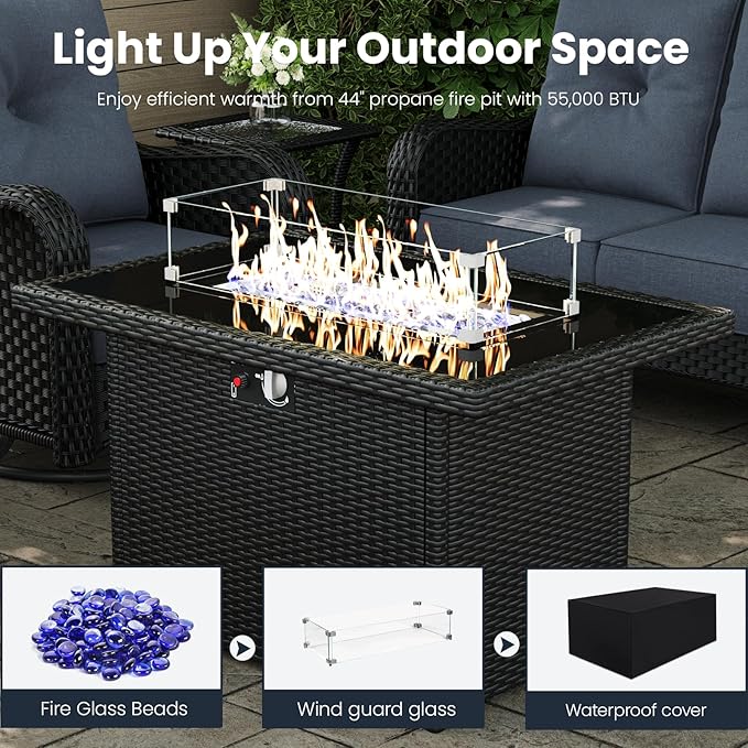 7 Pieces Outdoor Patio Furniture Sets with Rocking Swivel Chairs with 6-inch Thick Cushion and Fire Pit Table for Deck Lawn-VerdiqueGarden