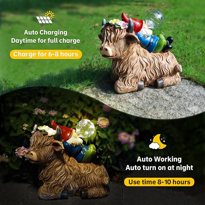 Solar Highland Cow Gnome Garden Decor Statue, Outdoor Funny Solar Light Decoration for Yard, Patio, Lawn, Unique Housewarming, Birthday Gift for Women, Mom, Grandma-VerdiqueGarden
