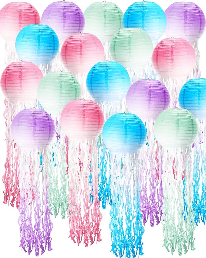 18 Pcs Jellyfish Paper Lanterns Mermaid Birthday Decorations Hanging Lantern Lamps for Ocean Theme Decor Under The Sea Party Supplies(Gradient Color)-VerdiqueGarden
