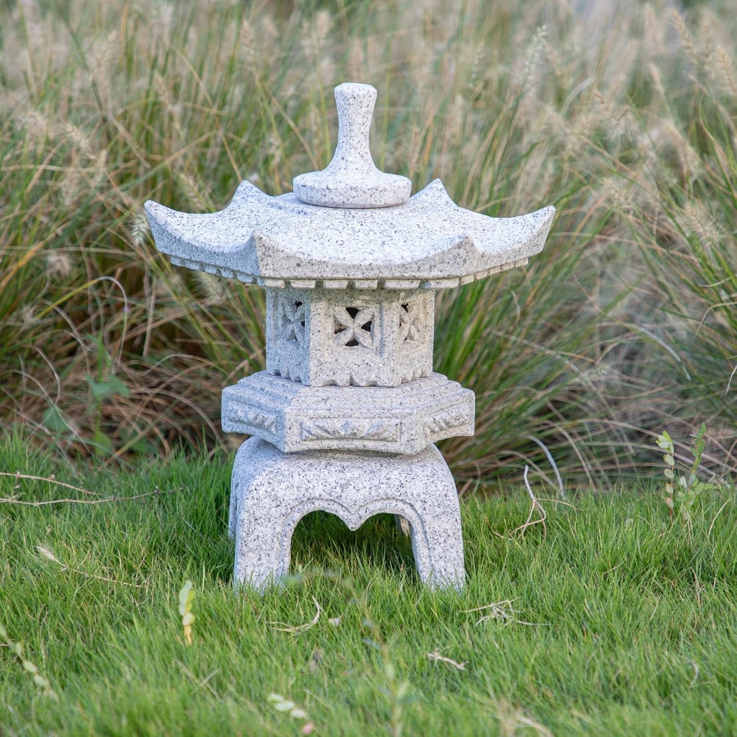 Generic Five Pieces Stone Japanese Lantern, Light Gray, Water Resistant, Granite, 16 inches H x 12.2 inches W x 12.2 inches D, Garden Decoration, Outdoor Lantern-VerdiqueGarden