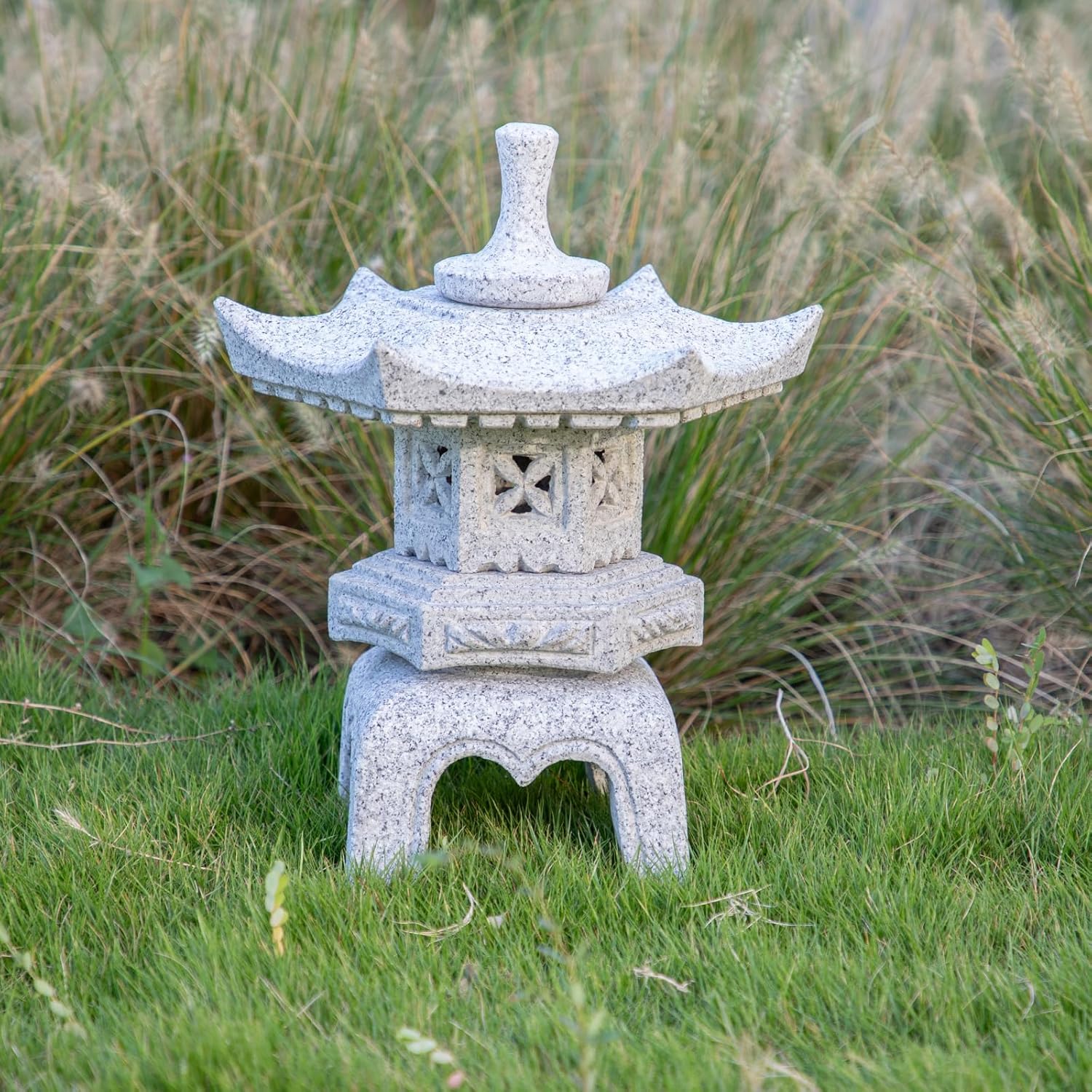 Generic Five Pieces Stone Japanese Lantern, Light Gray, Water Resistant, Granite, 16 inches H x 12.2 inches W x 12.2 inches D, Garden Decoration, Outdoor Lantern-VerdiqueGarden