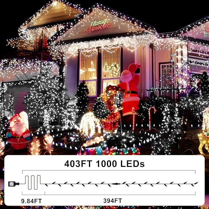 KNONEW 403FT 1000 LED Christmas Lights Outdoor String Light 8 Modes & Timer Fairy Lighting Plug in Waterproof for Xmas Yard Tree Wedding Party Holiday Decorations (Cool White)-VerdiqueGarden