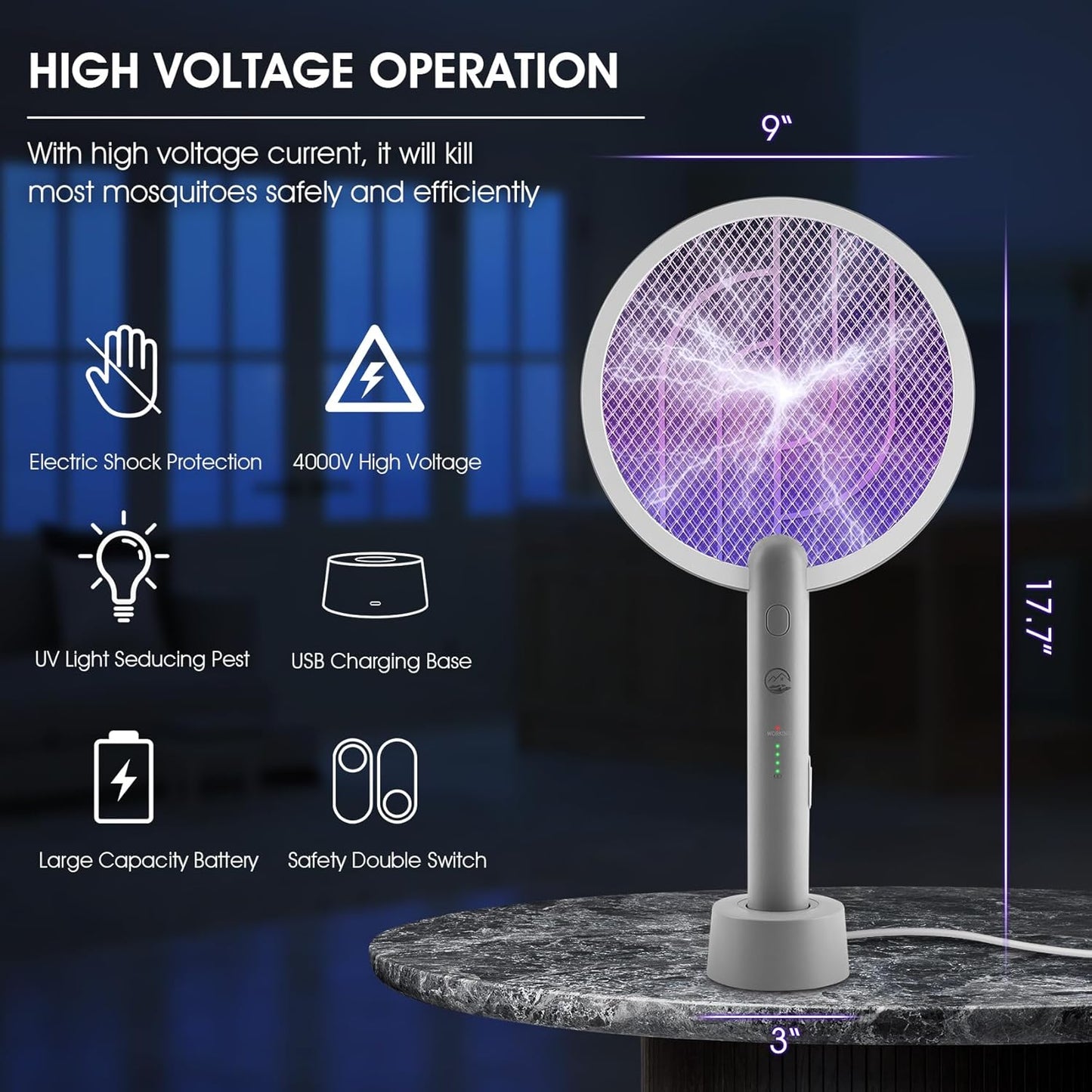 Electric Fly Swatter Racket, 2 in 1 Bug Zapper with USB Rechargeable Base, 4000 Volt Mosquito Killer with 3-Layer Safety Mesh for Pest Insect Control for Indoor、Office、Backyard、Camping（Gray-2 Pack）-VerdiqueGarden