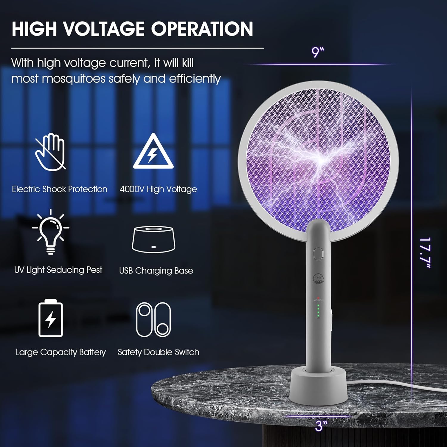 Electric Fly Swatter Racket, 2 in 1 Bug Zapper with USB Rechargeable Base, 4000 Volt Mosquito Killer with 3-Layer Safety Mesh for Pest Insect Control for Indoor、Office、Backyard、Camping（Gray-2 Pack）-VerdiqueGarden