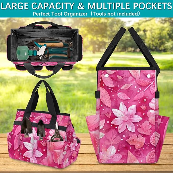 Rose Red flower Gardening Tool Bag,Heavy Duty Garden Tote Bag,Portable Oxford Gardening Storage Basket Organizer Handbag with Pockets Handle,Hand Tools Gifts for Outdoor Garden Lawn-VerdiqueGarden