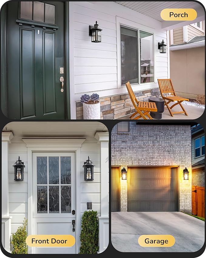 EDISHINE 2 Pack Motion Sensor Outdoor Wall Lights, Dusk to Dawn Exterior Lighting Fixture, Modern Porch Light Wall Mount, Clear Water Glass, Anti-Rust Aluminum for Front Door Garage, Patio, Black-VerdiqueGarden