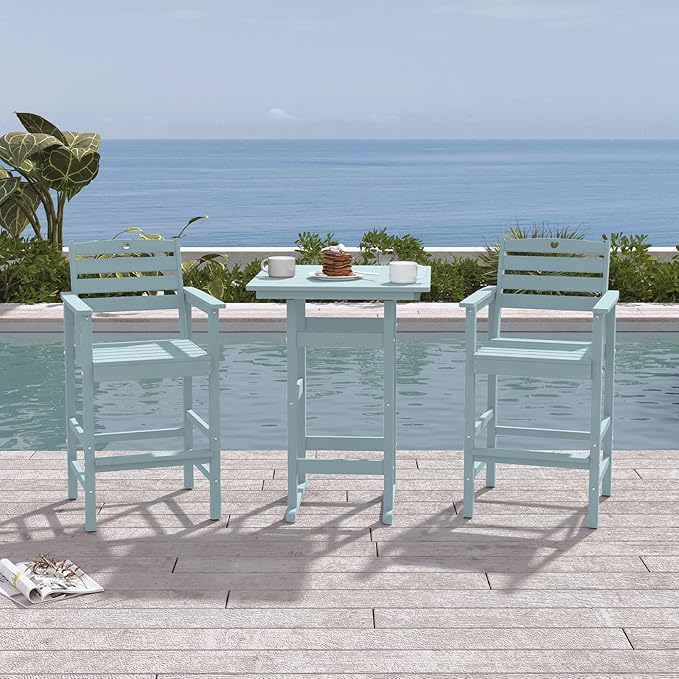 Tall Adirondack Chairs Set of 4, HDPE Wood Balcony Adirondack Chairs Set with Heart Cutout Design, Weather-Resistant Bar Height Furniture for Deck, Porch, Pool (Light Blue)-VerdiqueGarden