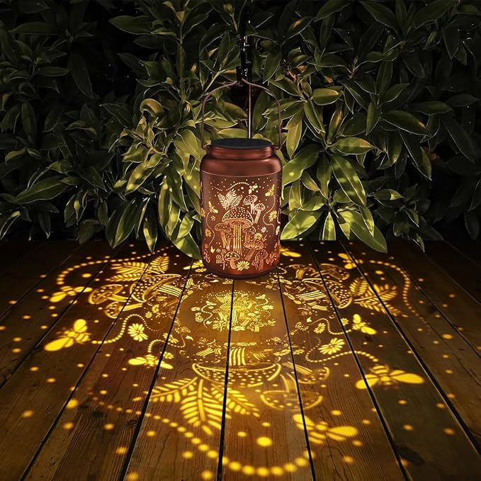 2 Pack Solar Lanterns Outdoor Waterproof, Mushroom Garden Decor Gifts for Women Mom Grandma Hanging Solar Lights Metal Solar Decoration Outside LED Lanterns for Yard, Patio, Lawn-VerdiqueGarden