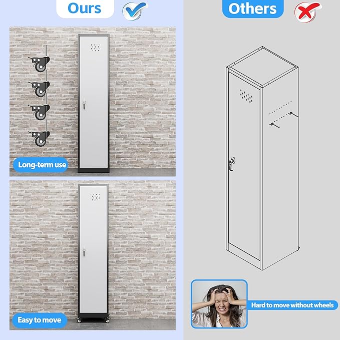 72''H Metal Broom Closet Storage Cabinet with Wheels & Pegboards, Mops Broom Closet Organizer with Locking Door & Hanging Rod,Cleaning Tool Garage Cabinet,Assembly Required,Black White-VerdiqueGarden