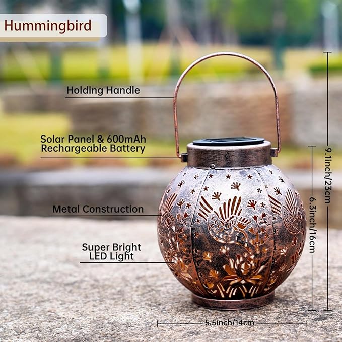 2 Pack Outdoor Solar Hanging Lantern Lights Metal LED Decorative Lamp for Garden Patio Courtyard Lawn and Table with Hollowed-Out Design (Bronze Hummingbird)-VerdiqueGarden