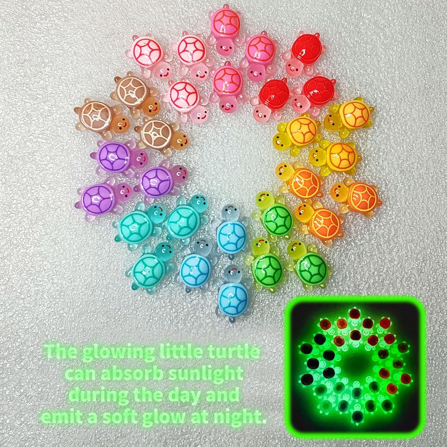 100 Pcs Small Glow in The Dark 3D Resin Turtles Miniature Garden Figurines,Accessories for Decorating DIY Dollhouse Fish Tank Fridge Wall Art, Safe, Durable, Non Fading 10 Colors-VerdiqueGarden